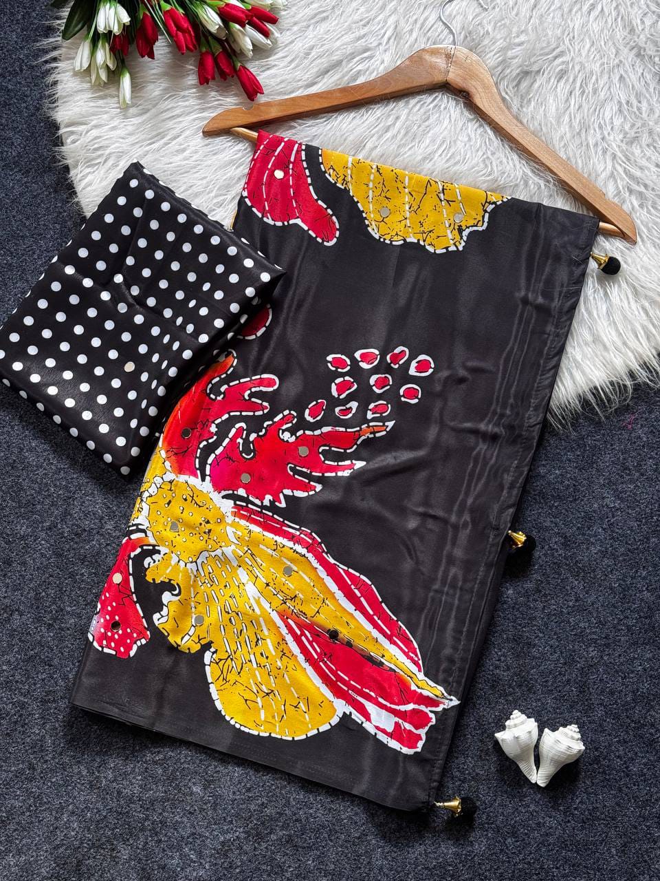 Black Floral Semi Modal Silk Saree with Mirror Work