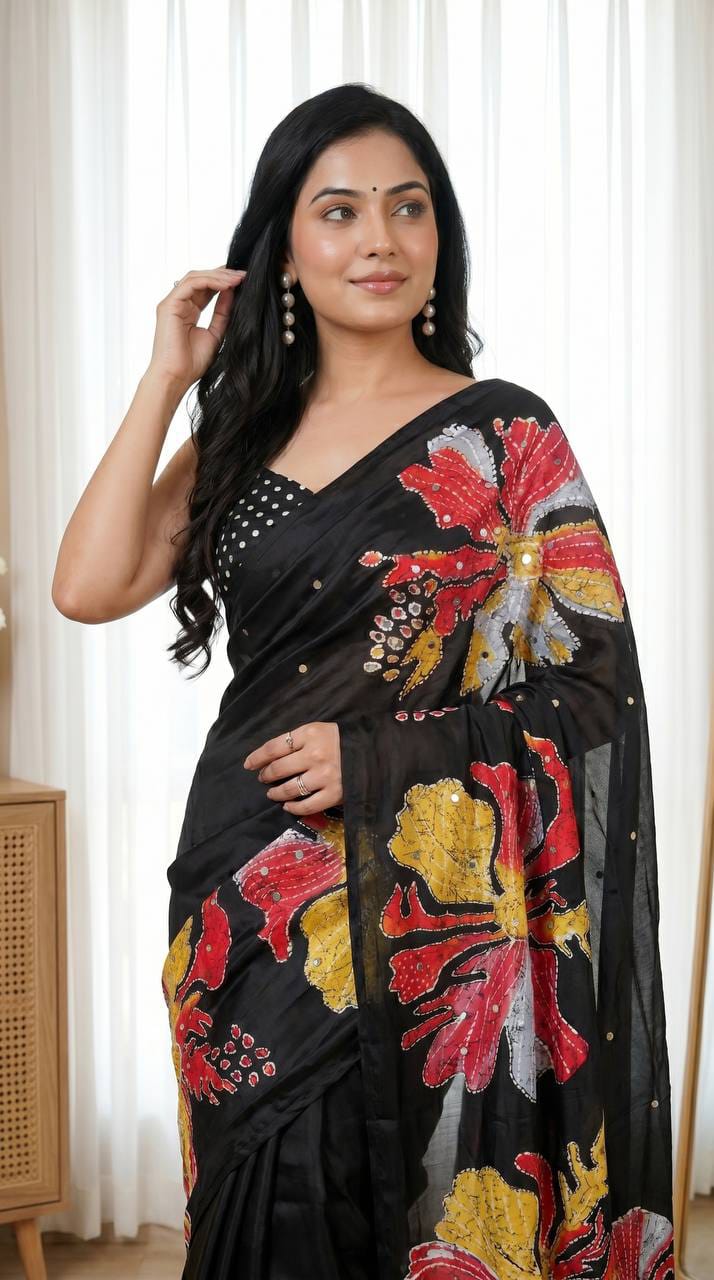Black Floral Semi Modal Silk Saree with Mirror Work