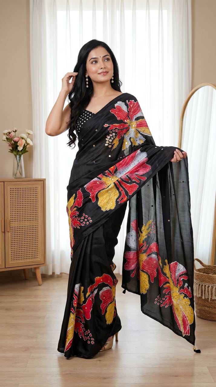 Black Floral Semi Modal Silk Saree with Mirror Work