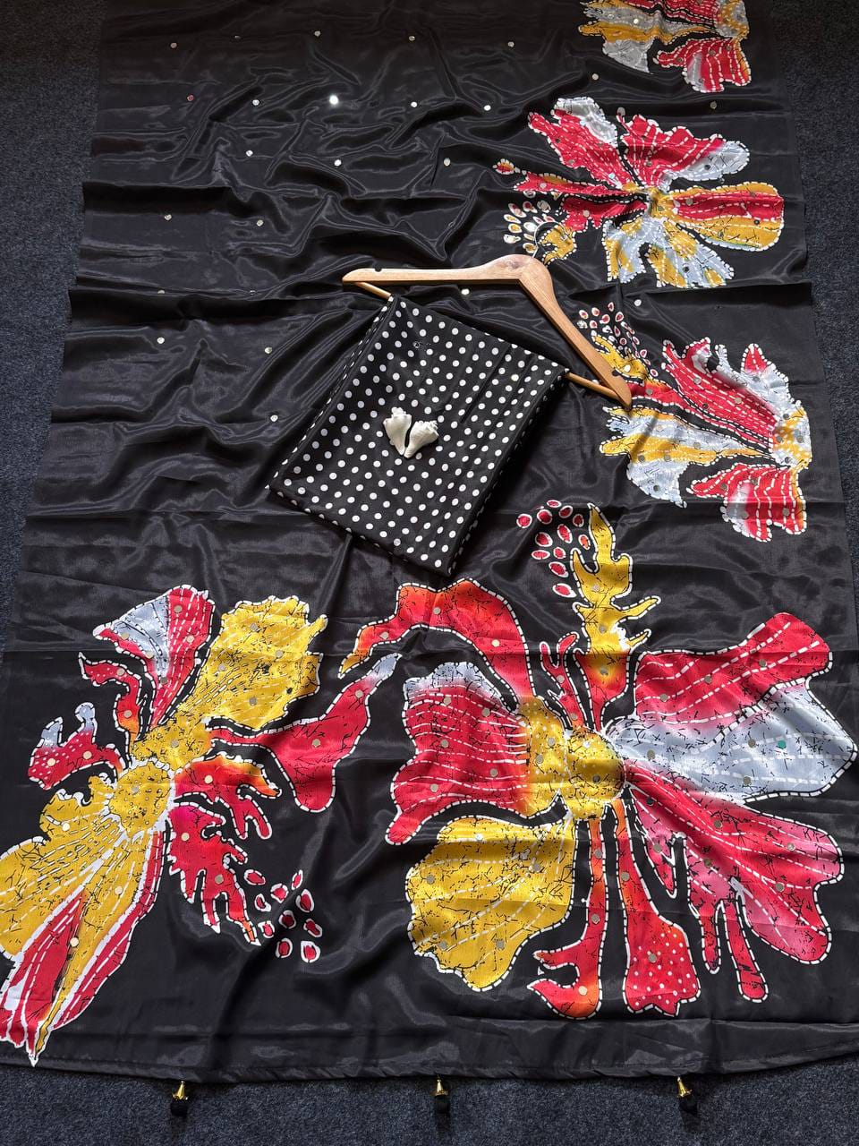 Black Floral Semi Modal Silk Saree with Mirror Work
