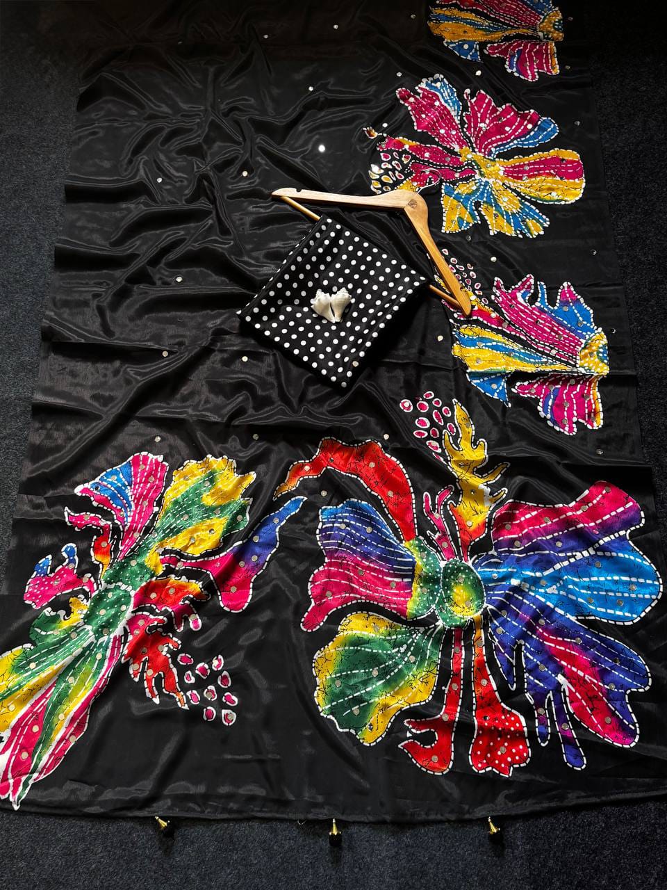 Black Floral Semi Modal Silk Saree with Mirror Work