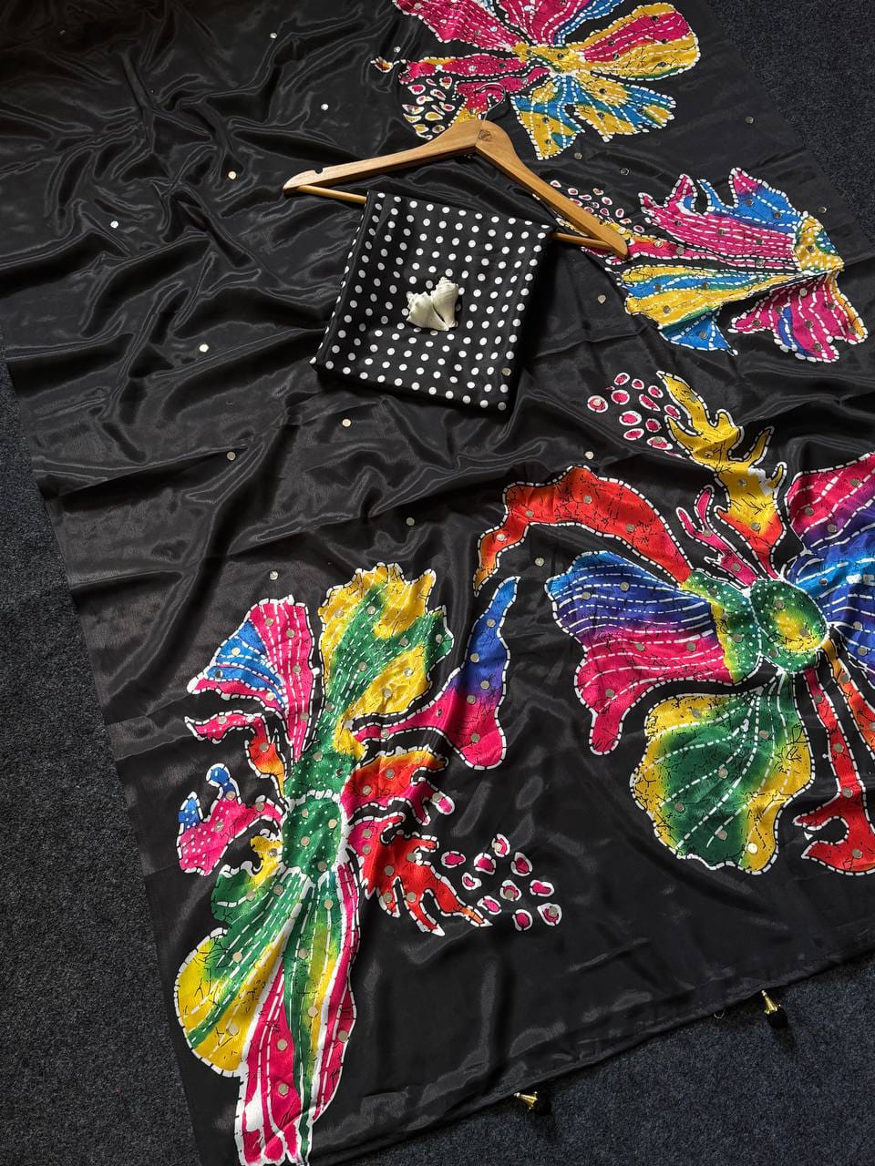 Black Floral Semi Modal Silk Saree with Mirror Work