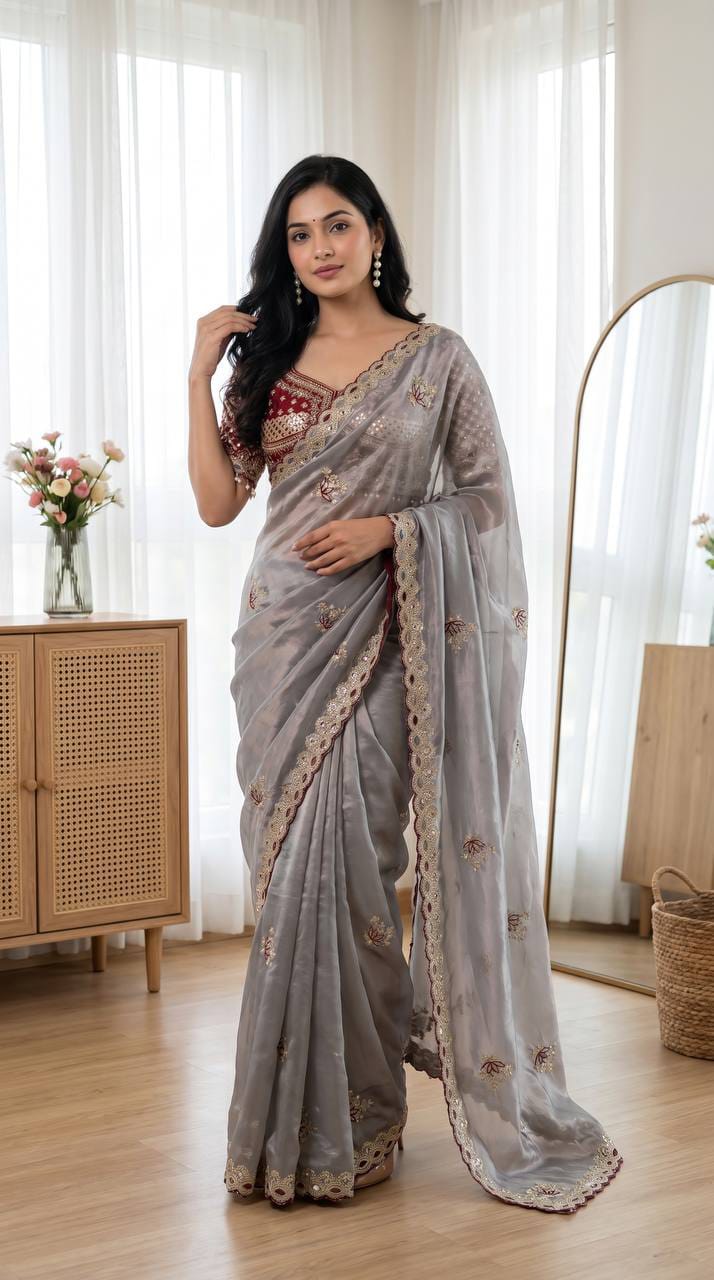 Designer Fandy Satin Saree with Readymade Embroidered Blouse