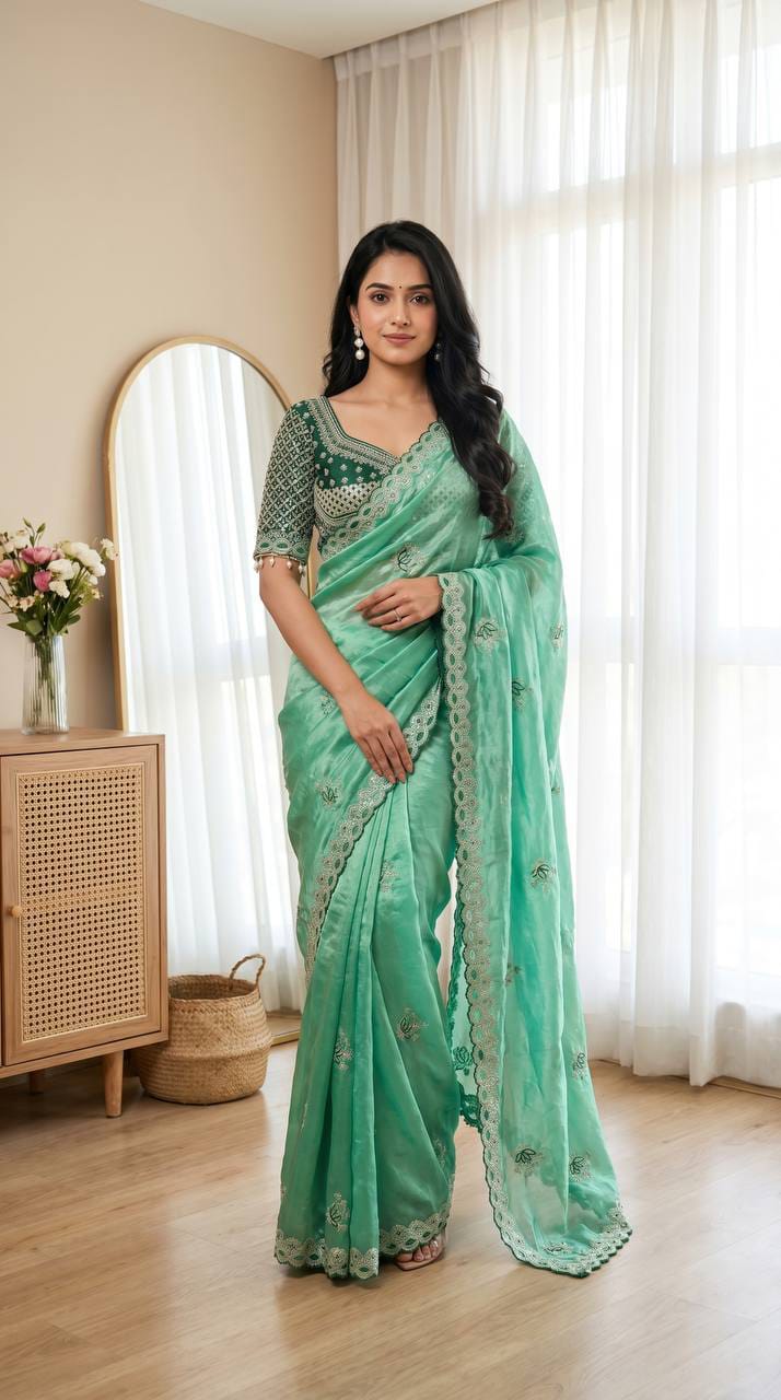 Designer Fandy Satin Saree with Readymade Embroidered Blouse