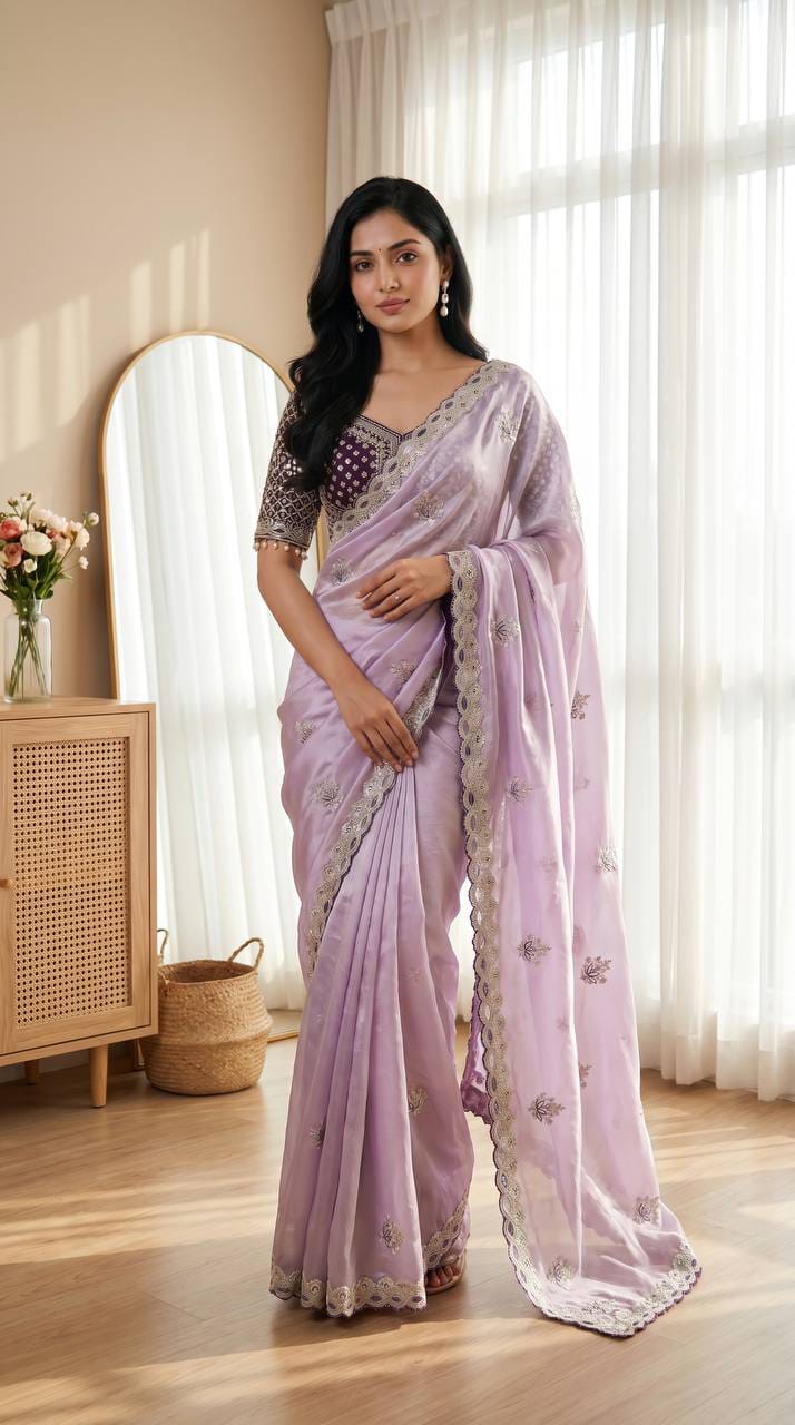 Designer Fandy Satin Saree with Readymade Embroidered Blouse