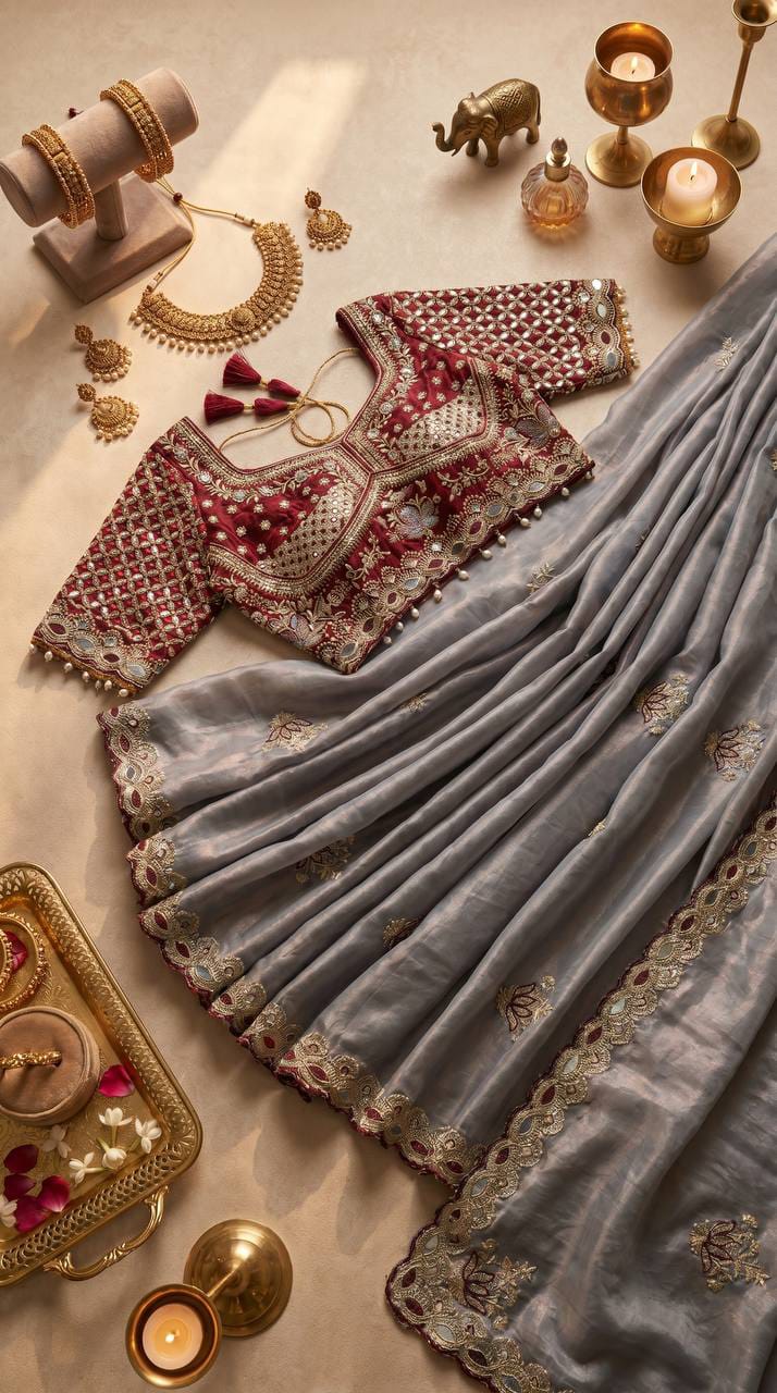Designer Fandy Satin Saree with Readymade Embroidered Blouse