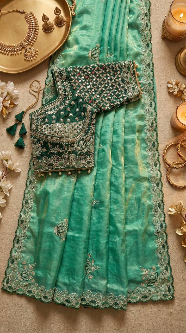 Designer Fandy Satin Saree with Readymade Embroidered Blouse