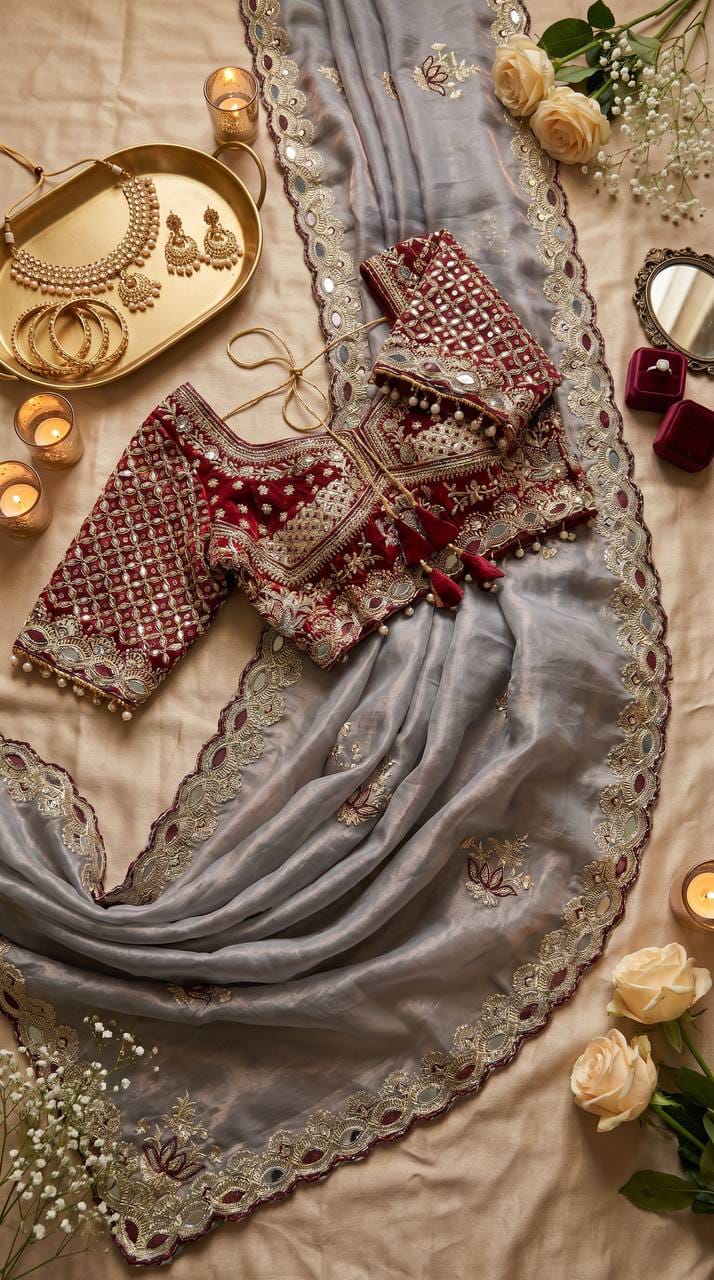 Designer Fandy Satin Saree with Readymade Embroidered Blouse