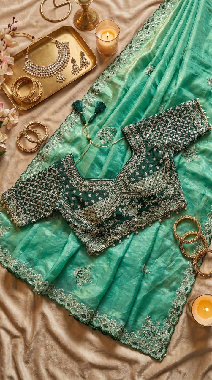 Designer Fandy Satin Saree with Readymade Embroidered Blouse