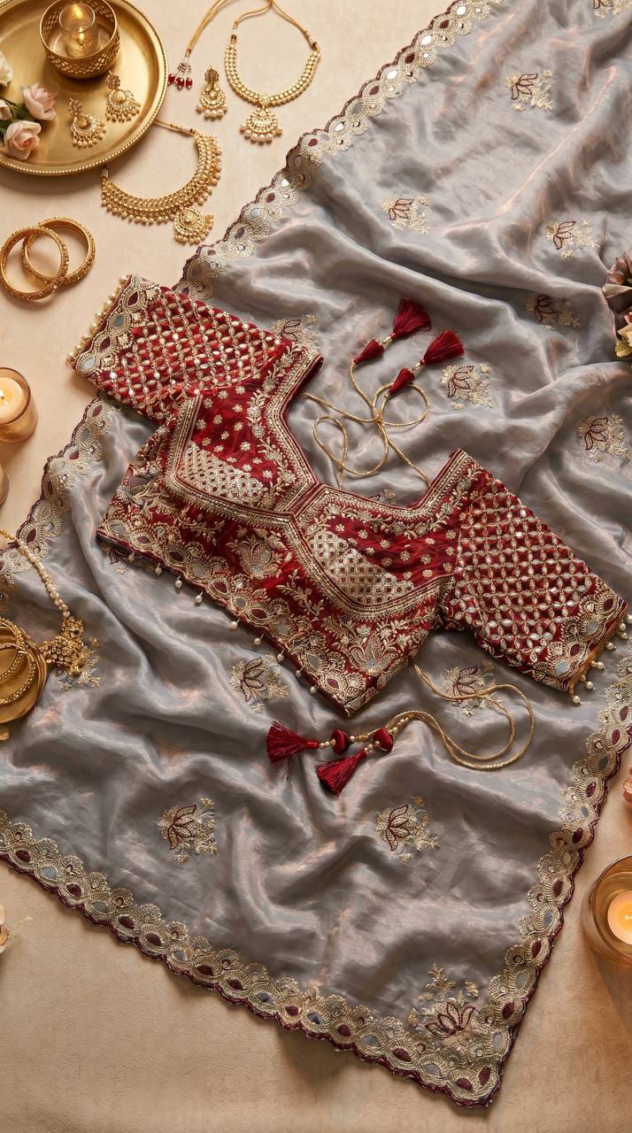 Designer Fandy Satin Saree with Readymade Embroidered Blouse