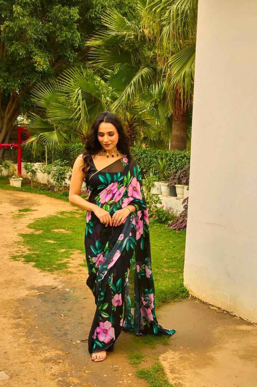 Floral Print Teby Silk Saree with Blouse for Women