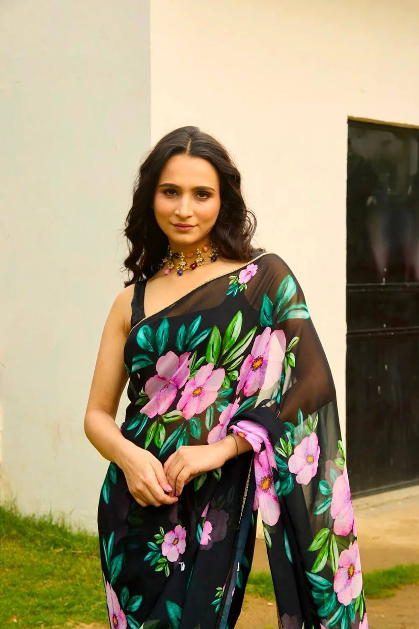 Floral Print Teby Silk Saree with Blouse for Women