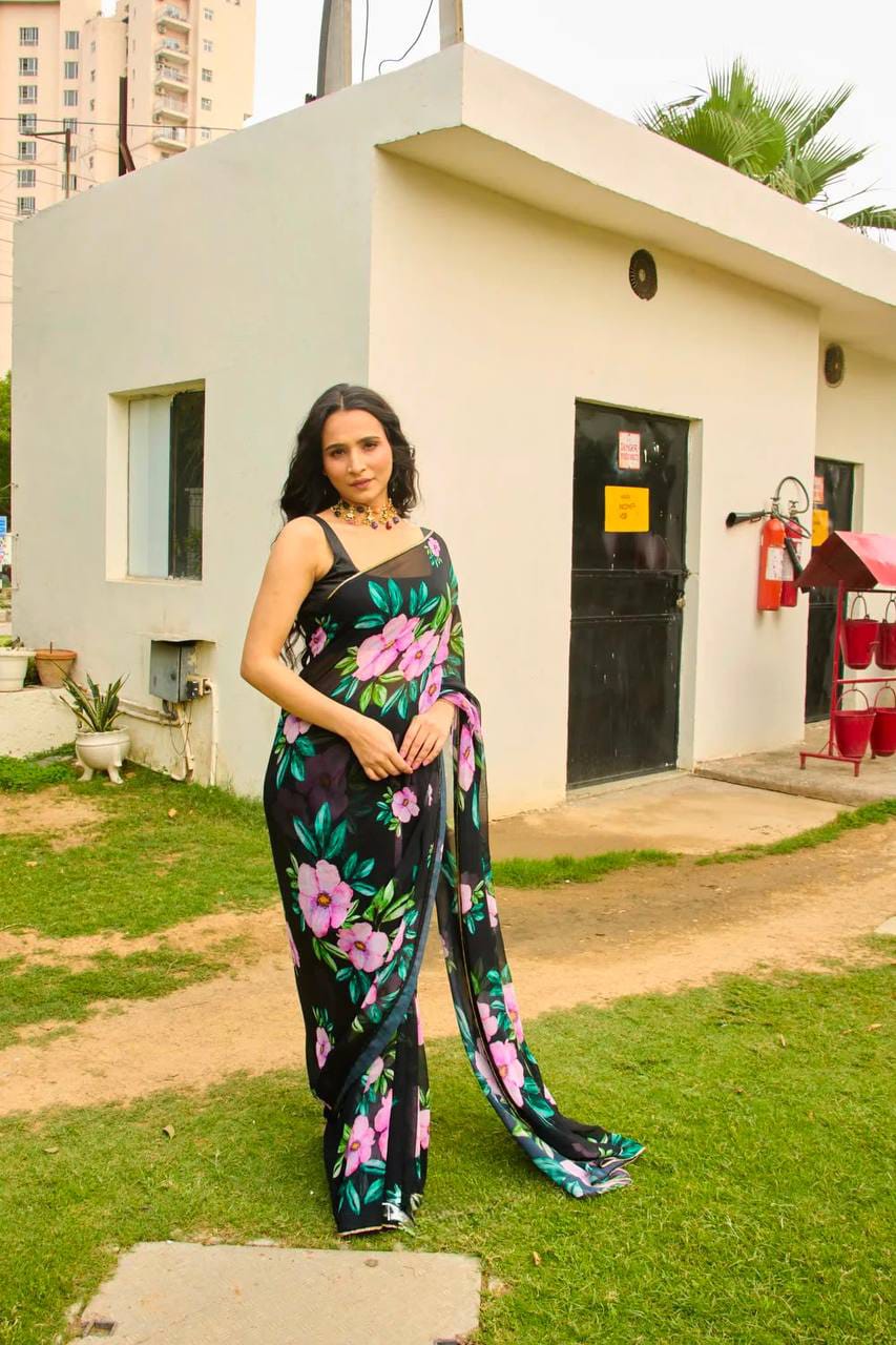 Floral Print Teby Silk Saree with Blouse for Women