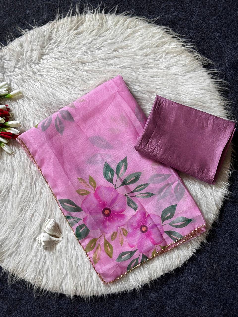 Floral Print Teby Silk Saree with Blouse for Women