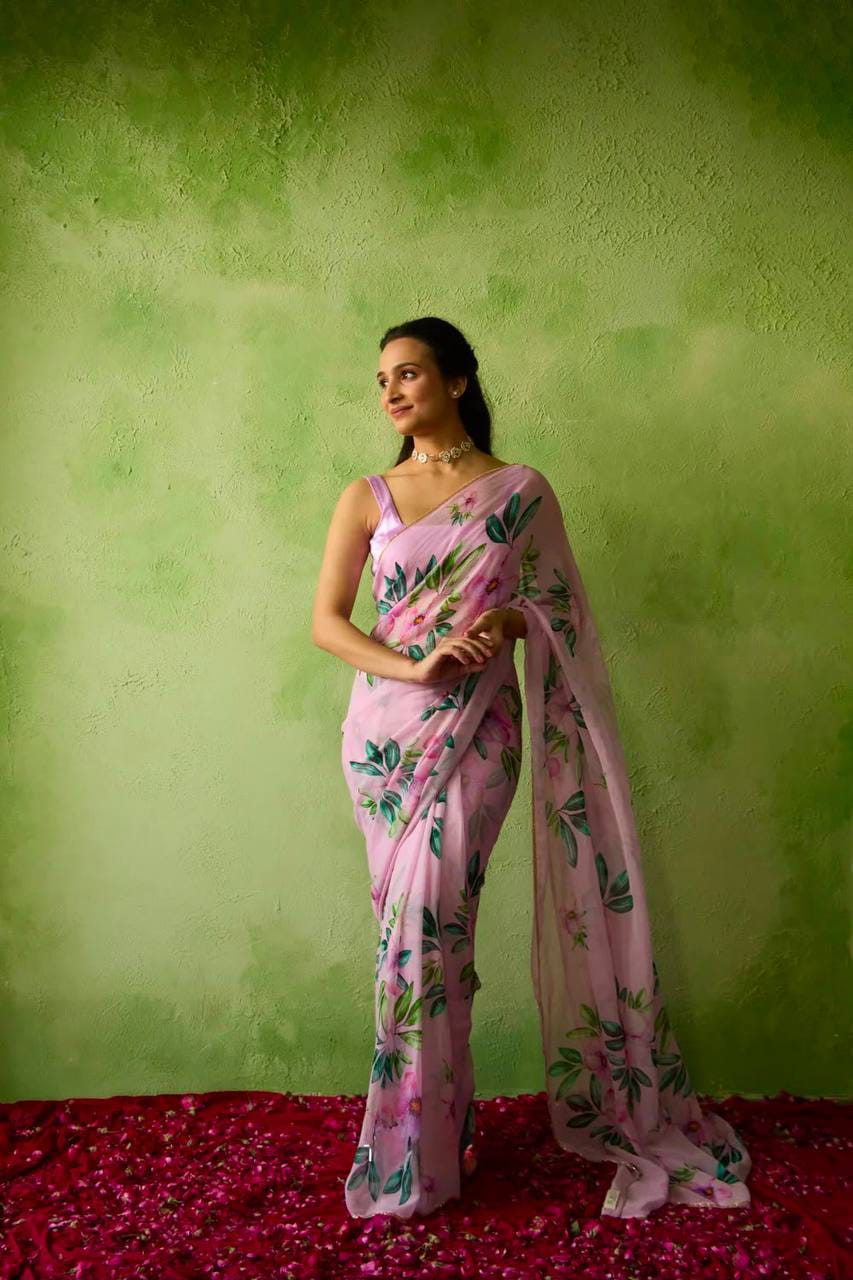 Floral Print Teby Silk Saree with Blouse for Women