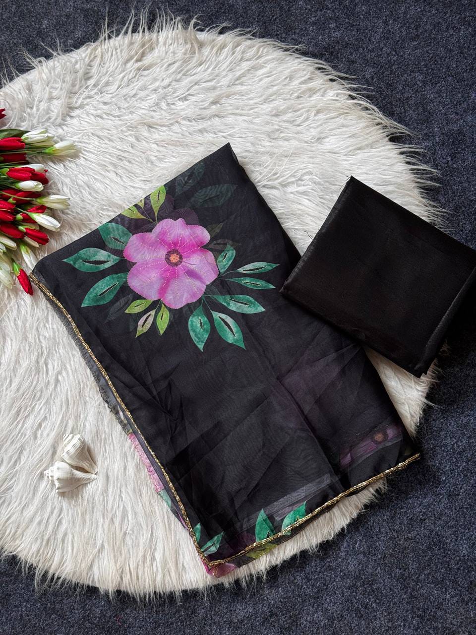 Floral Print Teby Silk Saree with Blouse for Women