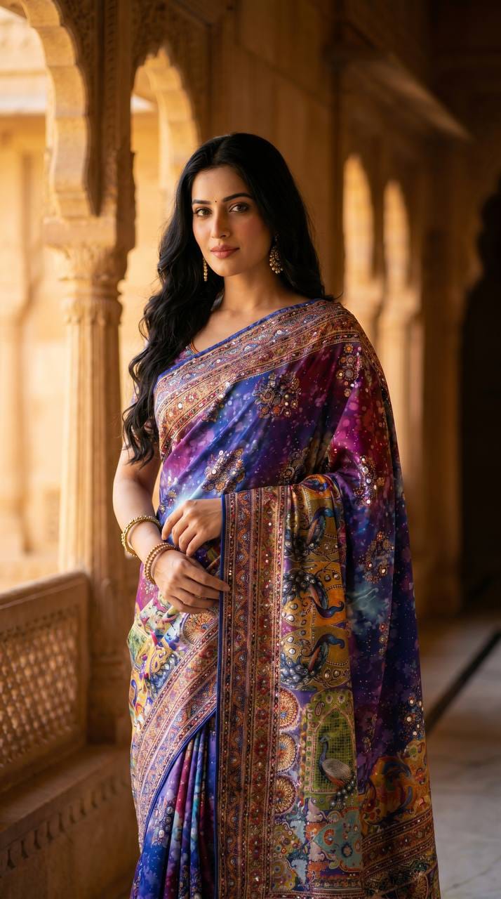 Ajrakh Print Roman Silk Saree with Real Mirror Work