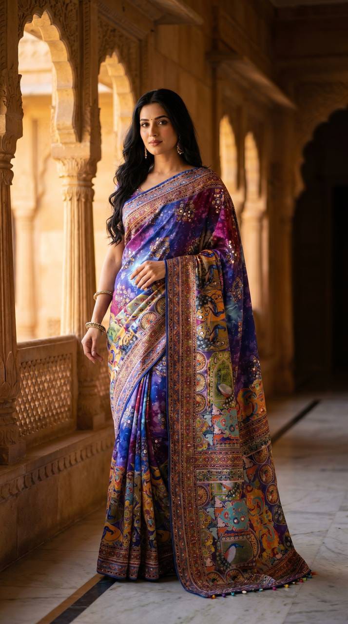 Ajrakh Print Roman Silk Saree with Real Mirror Work