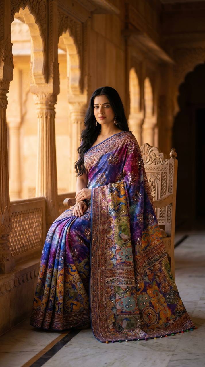 Ajrakh Print Roman Silk Saree with Real Mirror Work