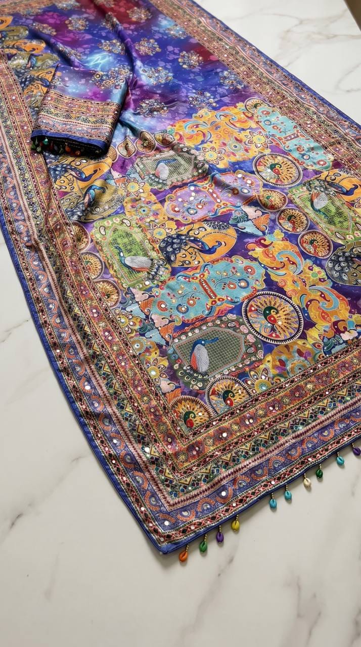 Ajrakh Print Roman Silk Saree with Real Mirror Work