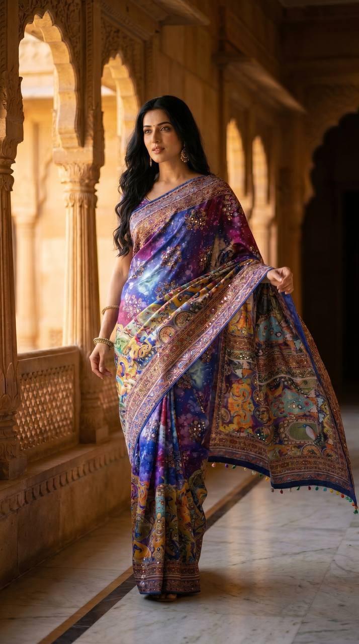 Ajrakh Print Roman Silk Saree with Real Mirror Work