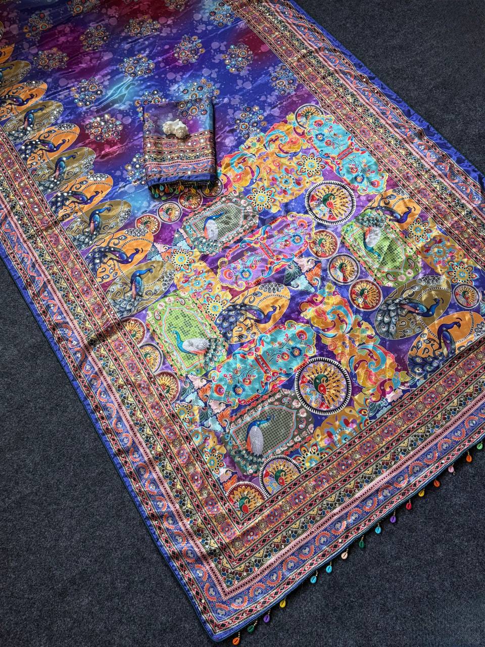 Ajrakh Print Roman Silk Saree with Real Mirror Work