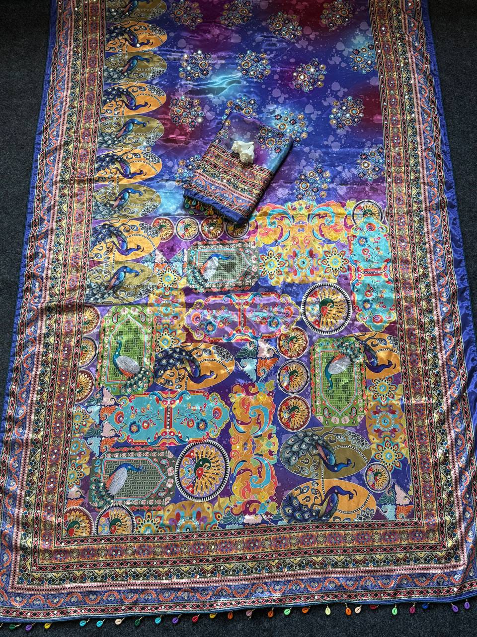 Ajrakh Print Roman Silk Saree with Real Mirror Work