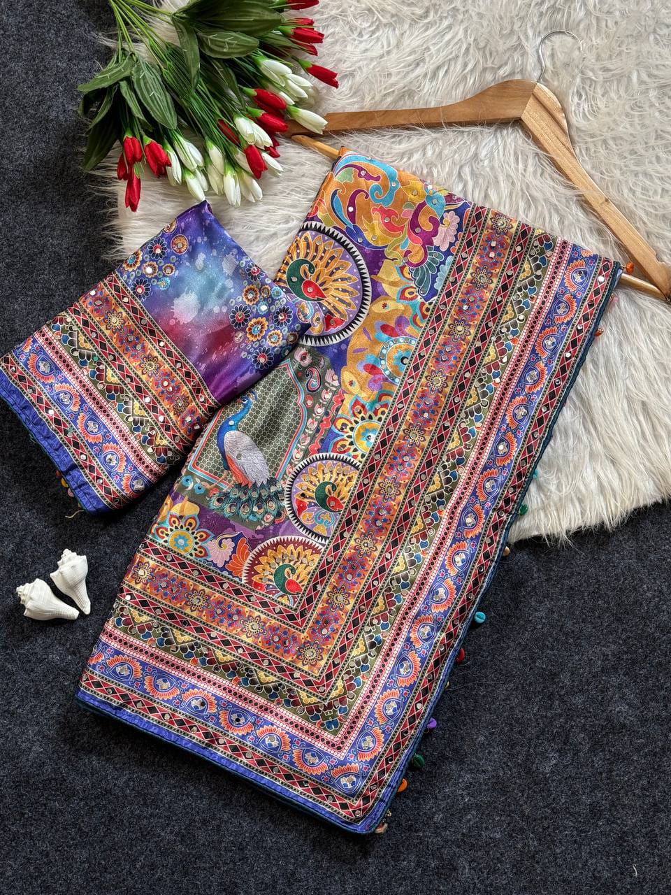 Ajrakh Print Roman Silk Saree with Real Mirror Work