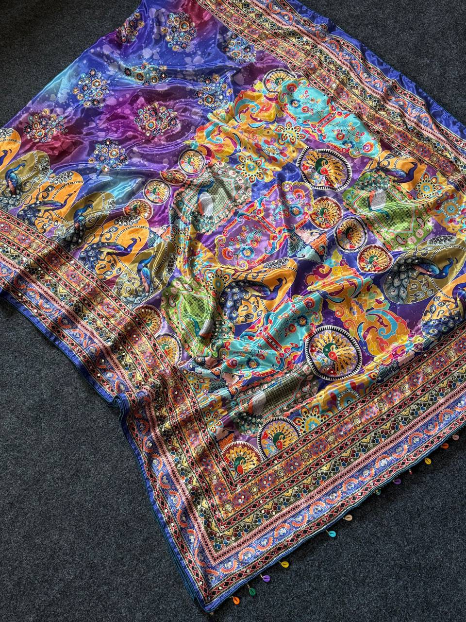 Ajrakh Print Roman Silk Saree with Real Mirror Work