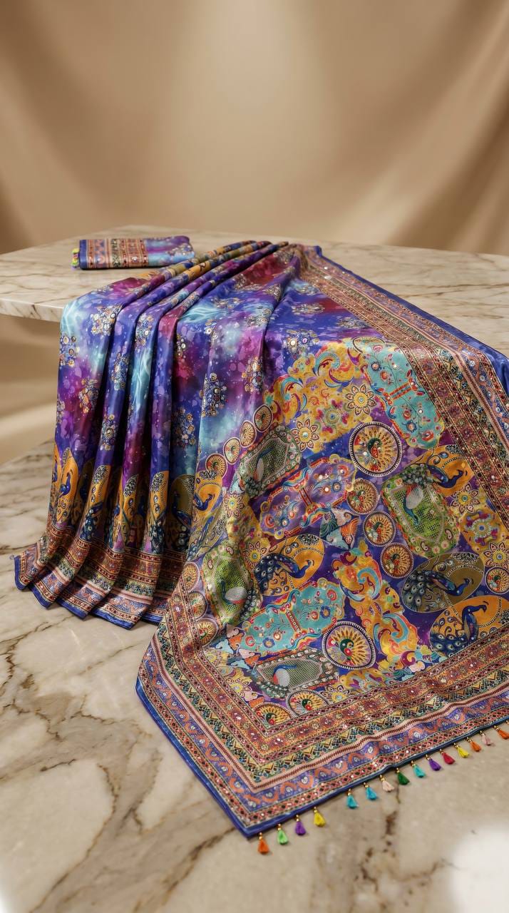 Ajrakh Print Roman Silk Saree with Real Mirror Work