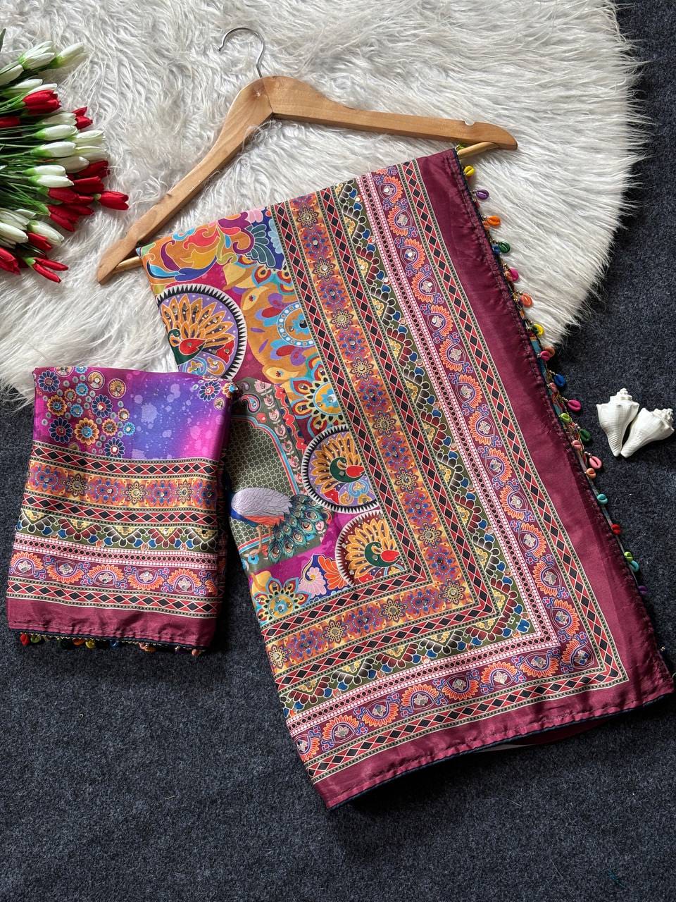 Ajrakh Print Roman Silk Saree with Real Mirror Work