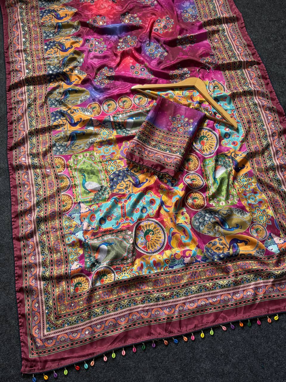 Ajrakh Print Roman Silk Saree with Real Mirror Work
