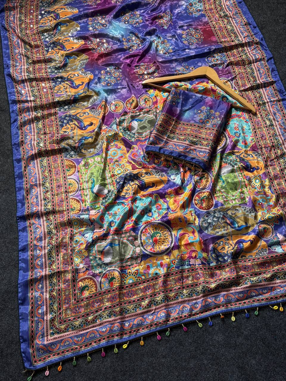 Ajrakh Print Roman Silk Saree with Real Mirror Work