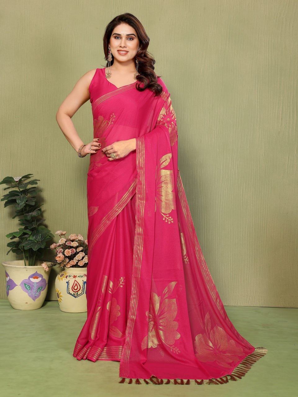 Star Georgette Silk Saree with Foil Work & Zalar Lace