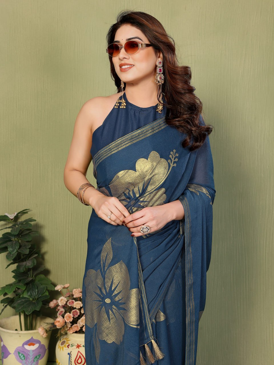 Star Georgette Silk Saree with Foil Work & Zalar Lace