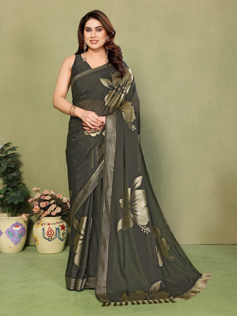 Star Georgette Silk Saree with Foil Work & Zalar Lace