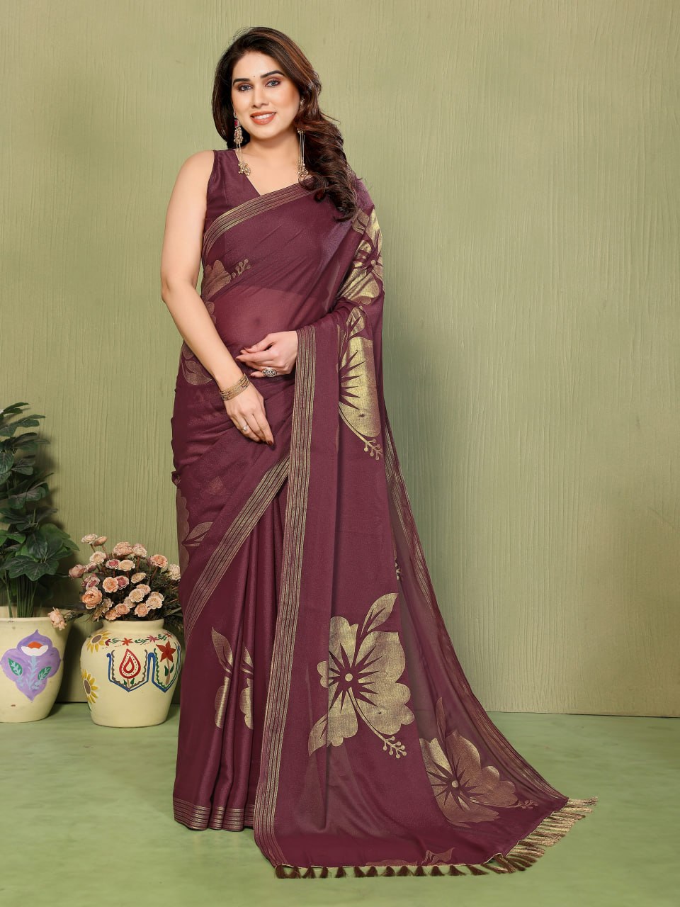 Star Georgette Silk Saree with Foil Work & Zalar Lace