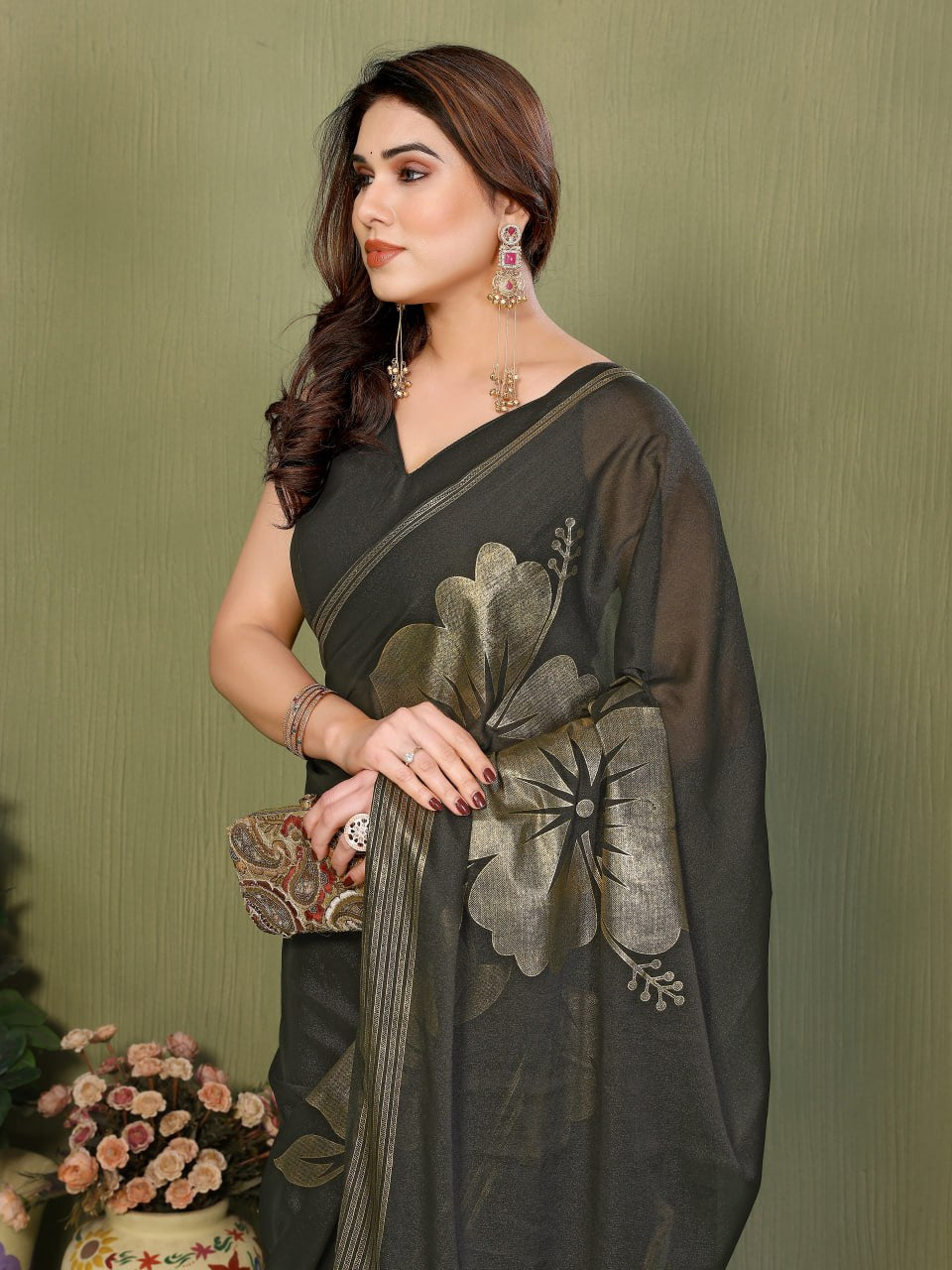 Star Georgette Silk Saree with Foil Work & Zalar Lace