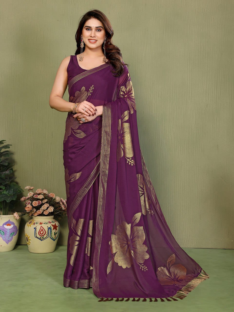 Star Georgette Silk Saree with Foil Work & Zalar Lace