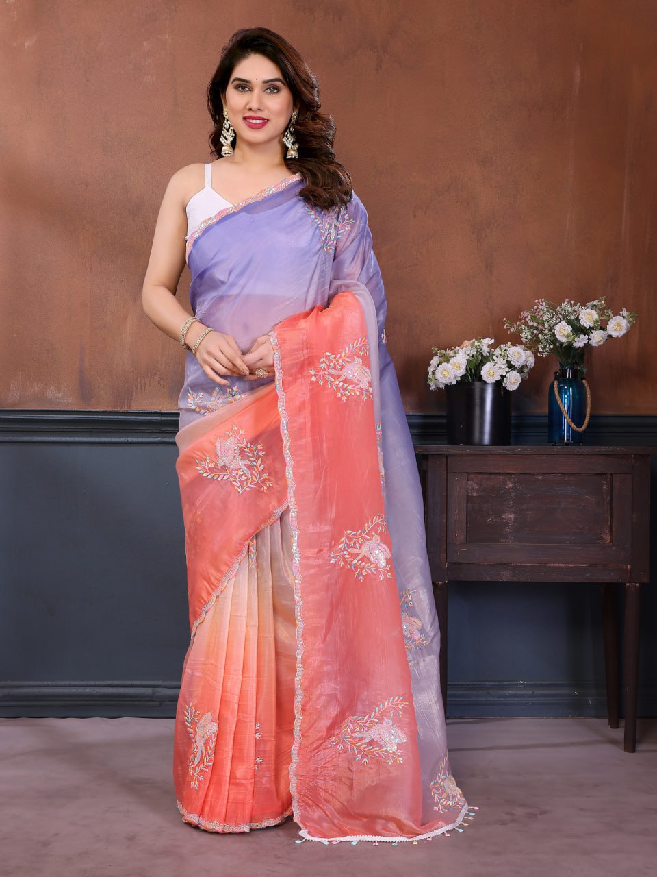 Gold Crush Embroidered Sparrow Work Saree with Silk Blouse