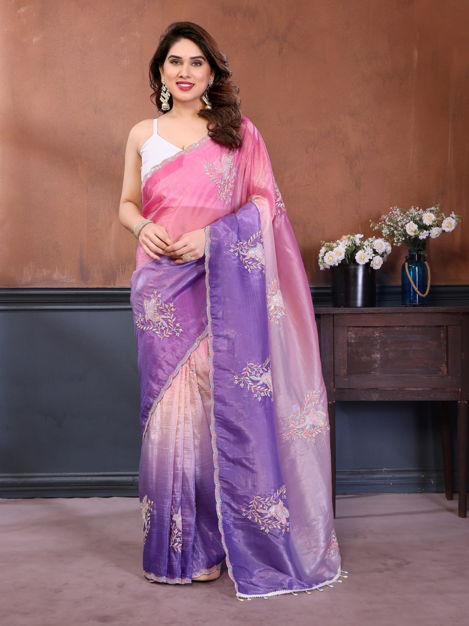 Gold Crush Embroidered Sparrow Work Saree with Silk Blouse