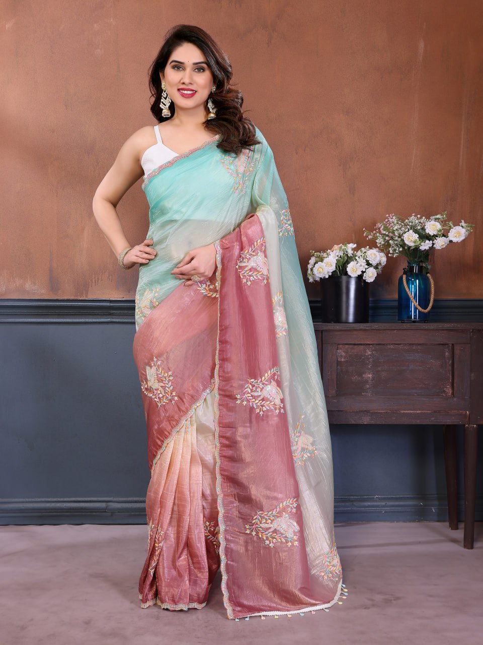Gold Crush Embroidered Sparrow Work Saree with Silk Blouse
