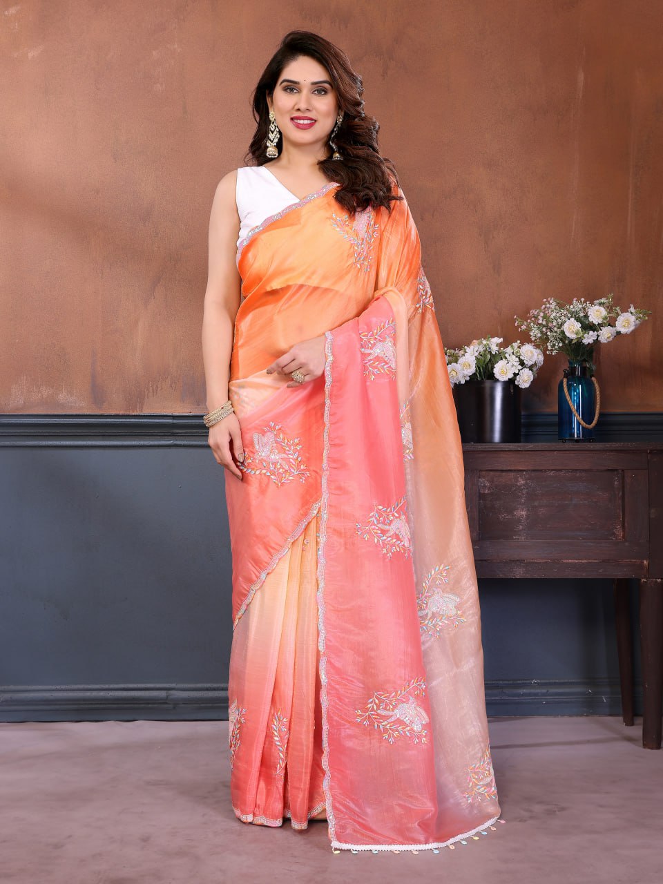 Gold Crush Embroidered Sparrow Work Saree with Silk Blouse