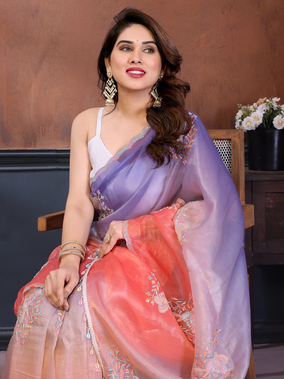 Gold Crush Embroidered Sparrow Work Saree with Silk Blouse