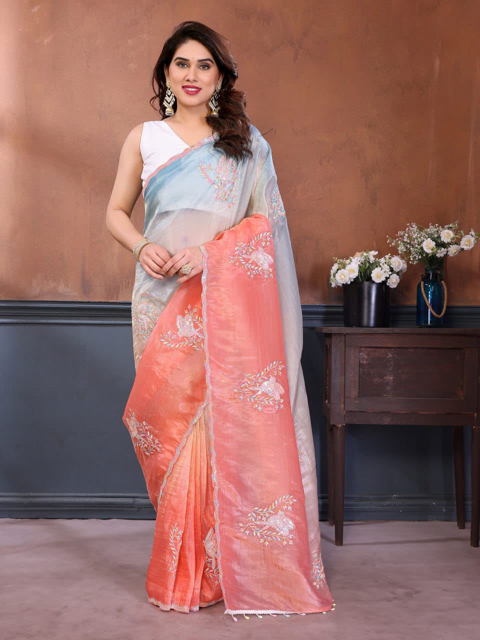 Gold Crush Embroidered Sparrow Work Saree with Silk Blouse
