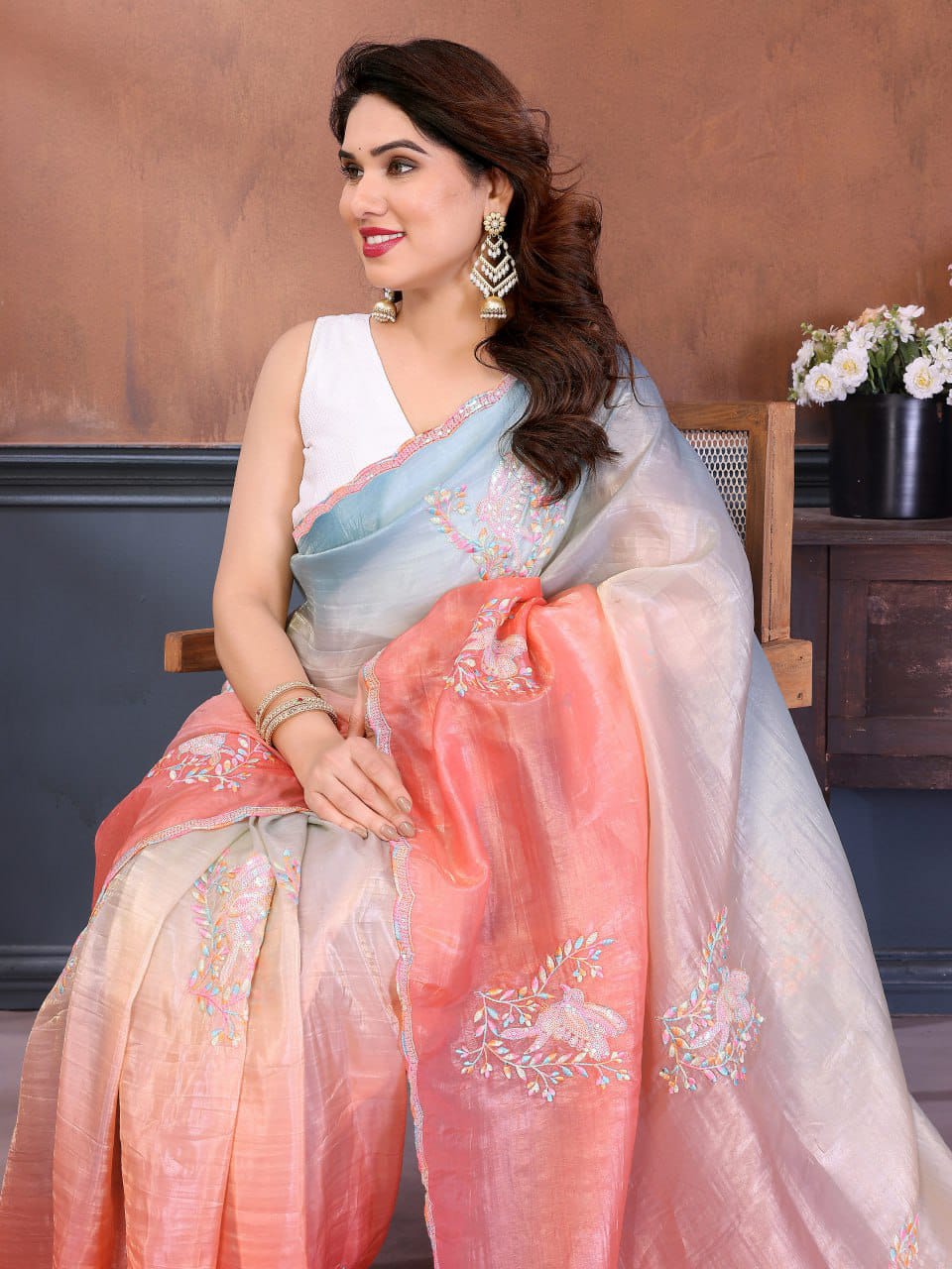 Gold Crush Embroidered Sparrow Work Saree with Silk Blouse