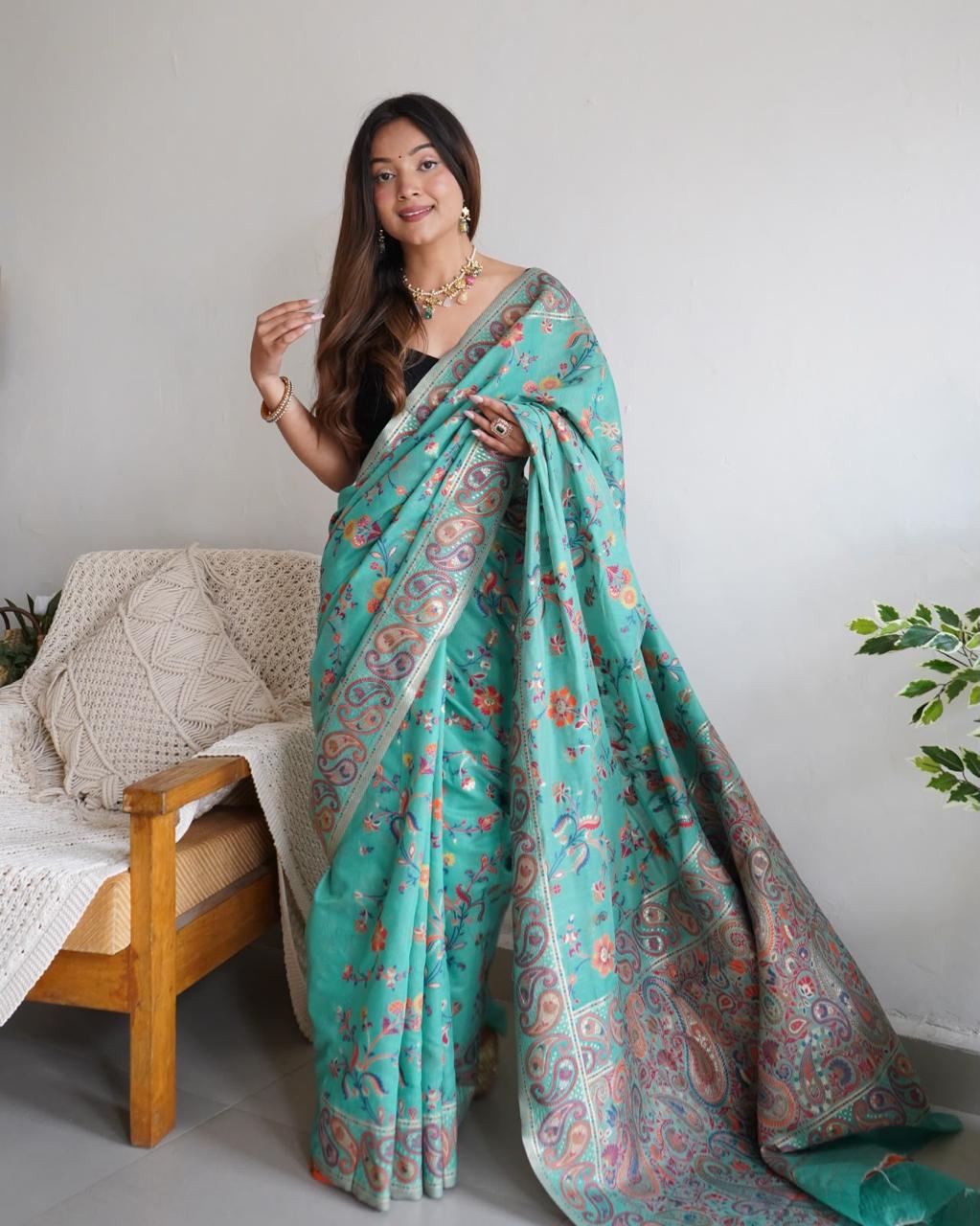 Pashmina Cotton Meenakari Woven Saree with Rich Pallu