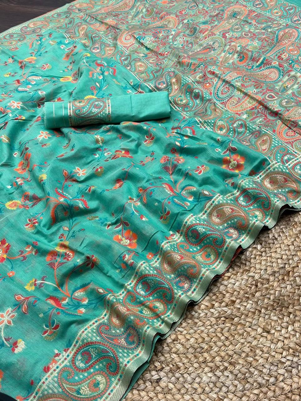 Pashmina Cotton Meenakari Woven Saree with Rich Pallu