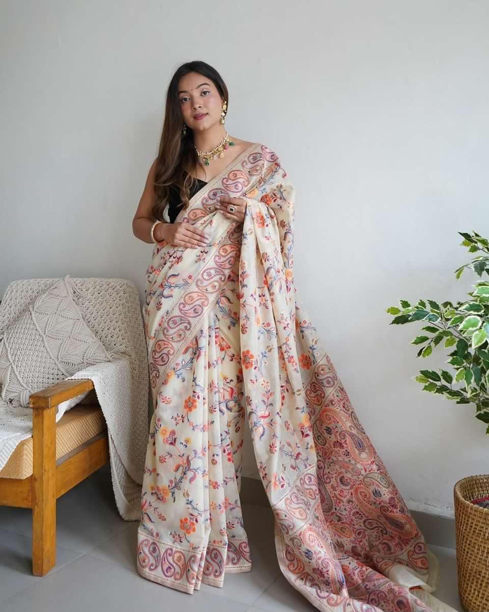 Pashmina Cotton Meenakari Woven Saree with Rich Pallu