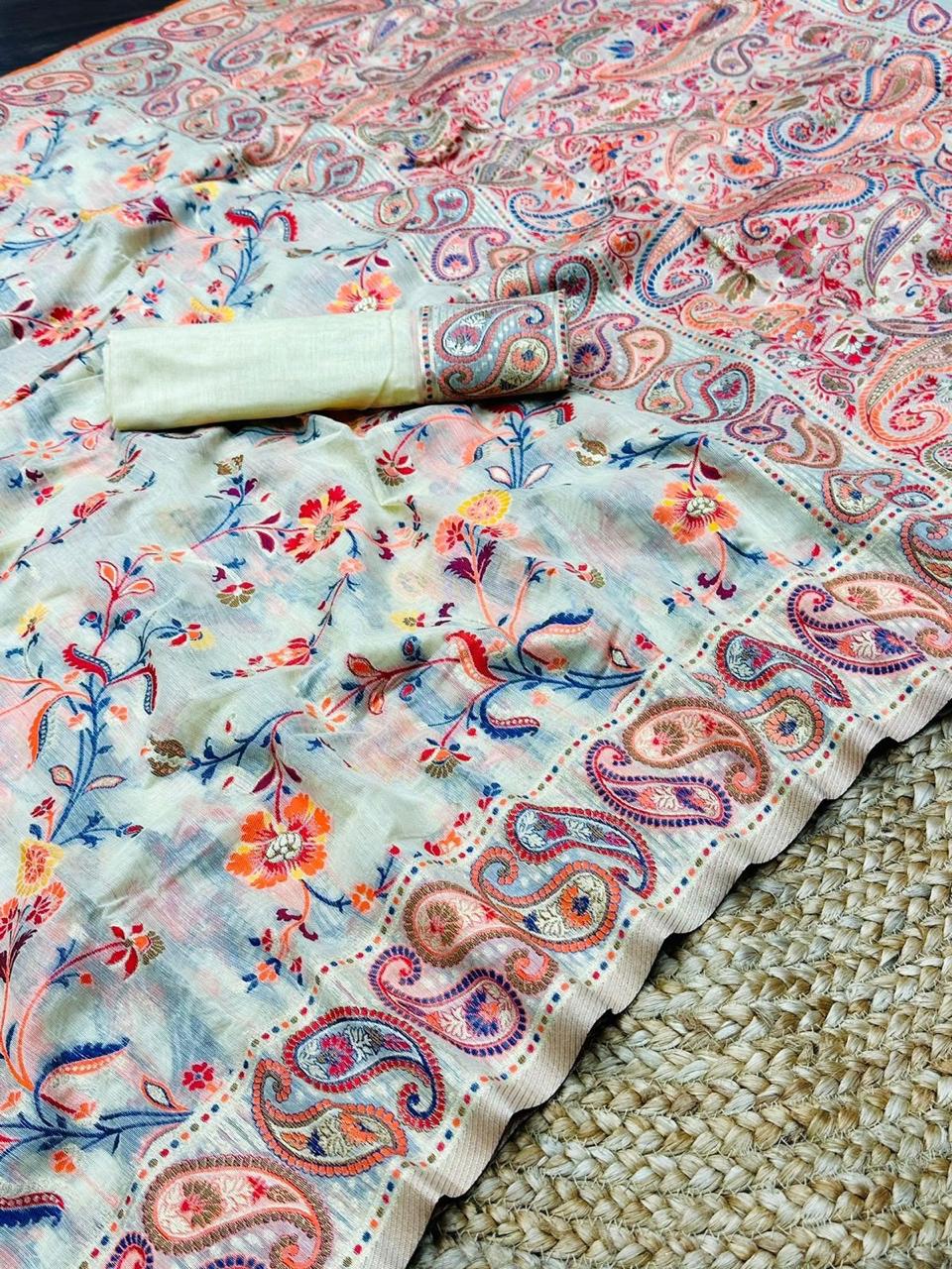 Pashmina Cotton Meenakari Woven Saree with Rich Pallu